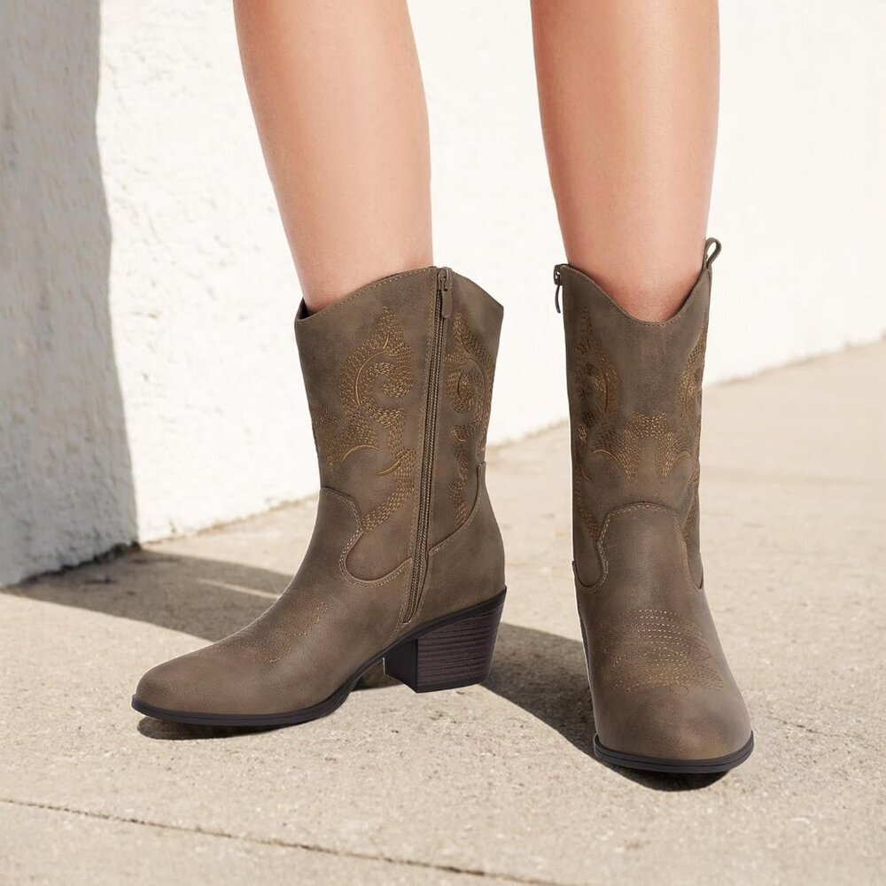 Dream Pairs Women's Camel Mid Calf Cowgirl Boots With Embroidery Round Toe - Picture 2 of 6